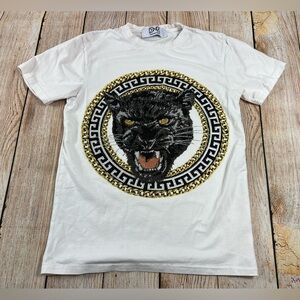 Mens DNA Premium Wear White T Shirt Black Panther Graphic Rhinestone Jewels